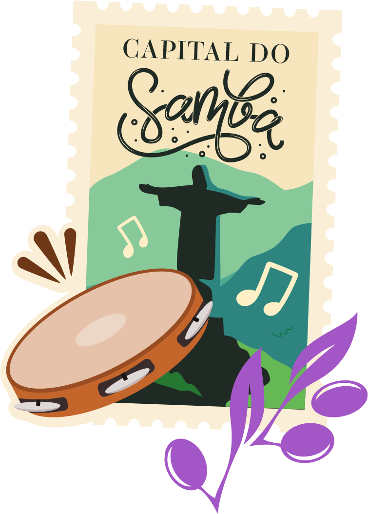 Selo com o Cristo Redentor,-ep-direita um pandeiro e notas musicasis. Capital do Samba.